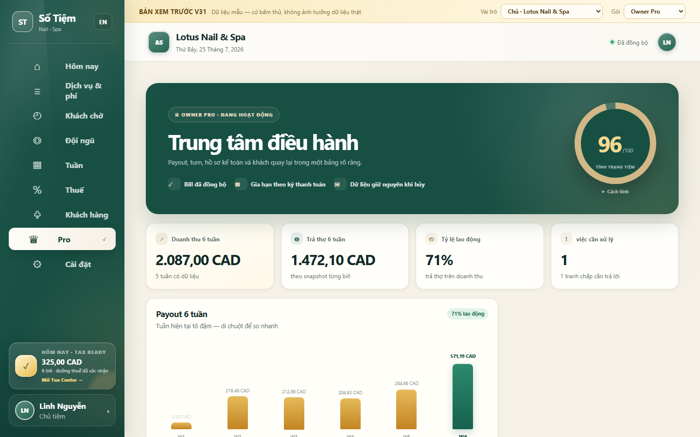 Trung tâm điều hành Owner Pro: payout 6 tuần theo biểu đồ và điểm tình trạng tiệm