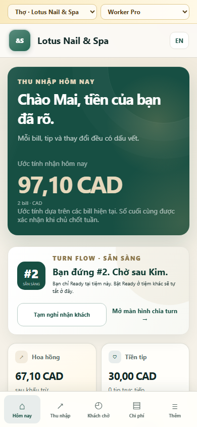 Màn hình điện thoại của thợ: thu nhập hôm nay và chi tiết từng bill